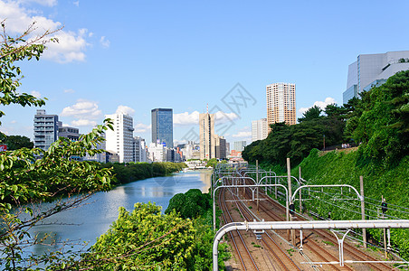 日本东京旅行运河蓝天城市火车景观摩天大楼游客观光中央图片