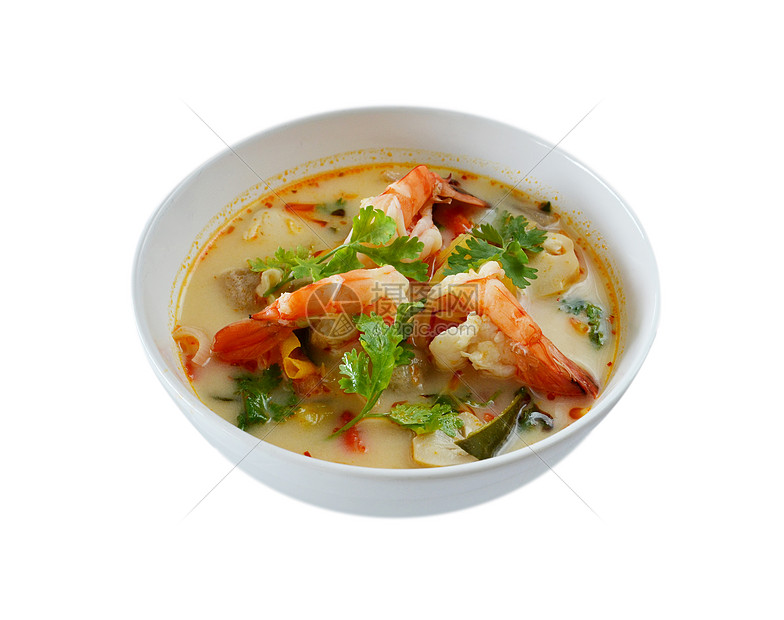 冬阴功泰国菜牛奶香菜盘子白色食物椰子海鲜午餐柠檬红色图片