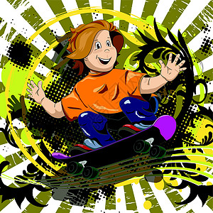 男孩在滑板上橙子情感衣服青年装饰品驾驶乐趣运动微笑紫色图片