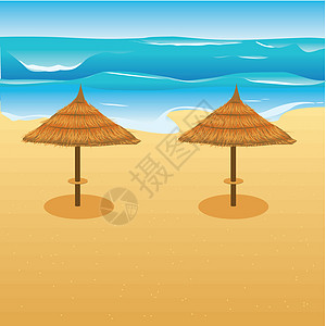 沙滩上的阳伞波浪插图蓝色海滩图片
