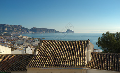 Altea村晴天村庄阳光海洋水平旅游全景海岸图片