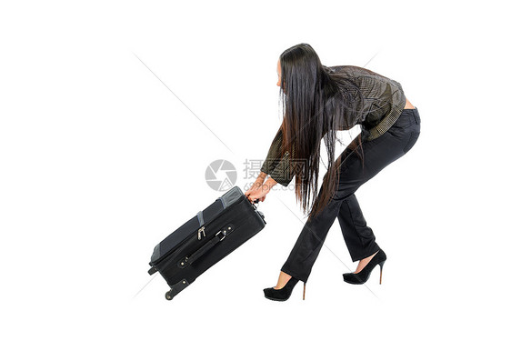 带着手提箱的女孩头发商业旅行力量白色戏服图片