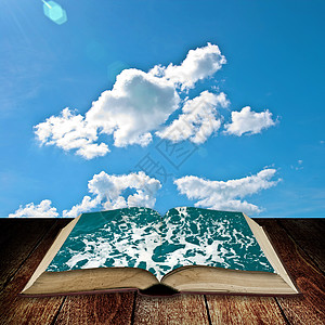 向海洋开放书书架假期天空图书海浪蓝色气泡学习旅游旅行图片