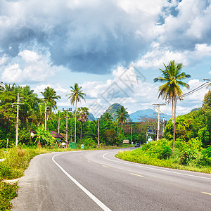 泰国公路网泰国高速公路晴天沥青棕榈季节风景热带椰子荒野天空太阳图片