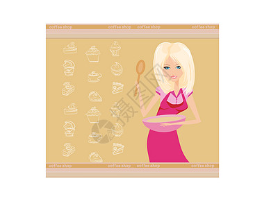 家庭主妇烹饪围裙女性食物沙漠液体插图美食厨师鞭子搅拌图片