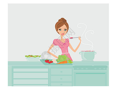 美丽的女士烹饪汤勺子蓝绿色围裙衣服蛋糕家务家庭厨师面糊鞭子图片