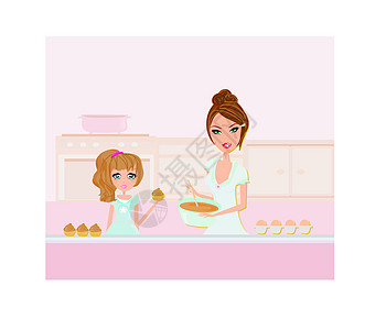 开心妈妈帮女儿在厨房做饭的幸福母亲烹饪厨师午餐勺子孩子面团家庭插图面糊衣服图片