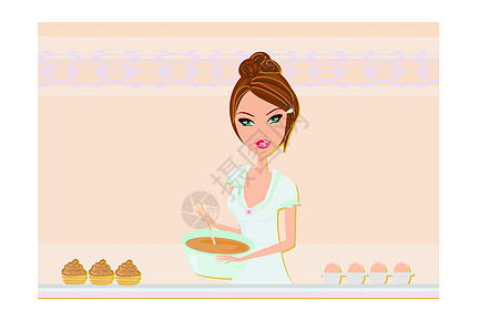 美丽的女士做蛋糕主妇午餐围裙蓝绿色食物液体衣服勺子房子美食图片