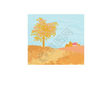 美丽的秋季矢量景观橙子房子车道爬坡草地植物场景树叶日落天空图片