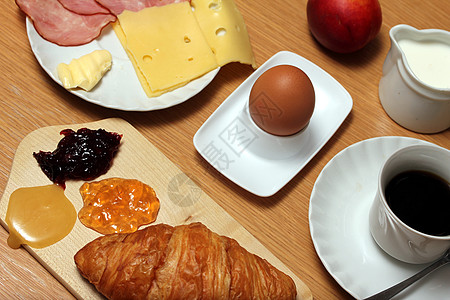 早餐桌牛奶咖啡包子环境香肠食物桌子面包蜂蜜橙子图片