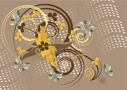 棕色背景 有蝴蝶和花朵曲线绘画装饰坡度丝带白色筋膜黄色艺术纹章图片
