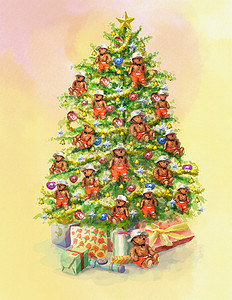 圣诞节钟声出现在圣诞树下 背景温柔的圣诞树下展示红铃玩具熊笔触图案星星卡片彩灯插图混合背景图片