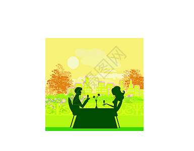 年轻夫妇调情和喝香槟咖啡店婚礼插图城市婚姻奢华情人生活男人桌子图片