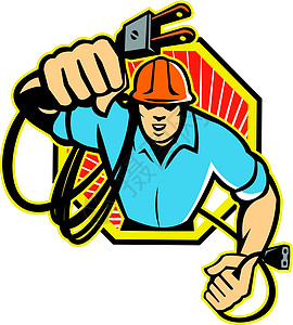 电动建筑工人翻新改造电气插图艺术品插头零售商电力架男性线工安全帽工人图片
