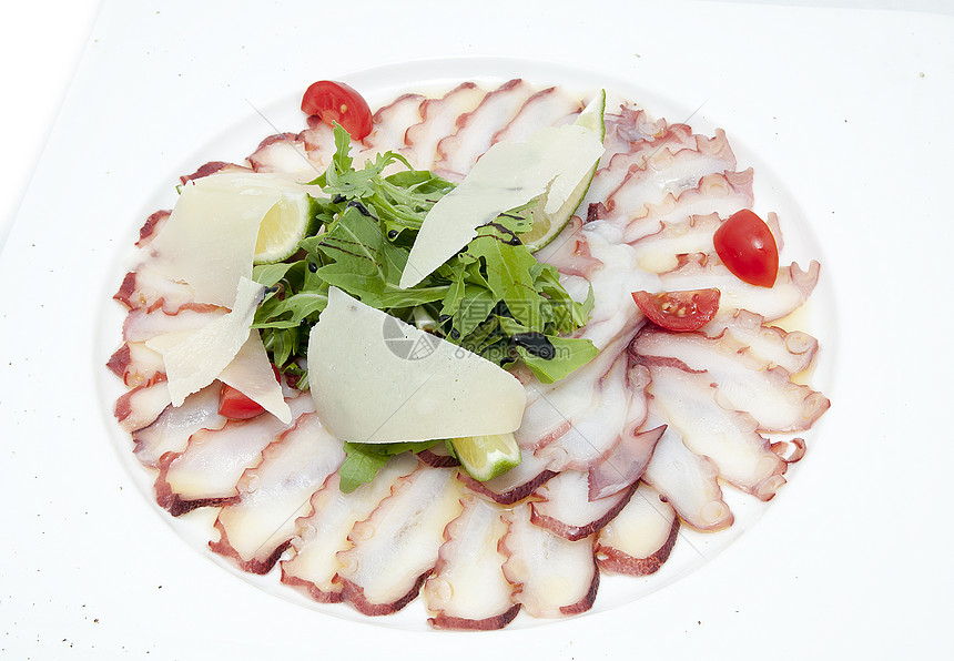章鱼的卡帕西奥树叶乌贼食物奢华宏观海鲜小吃盘子贝类餐厅图片