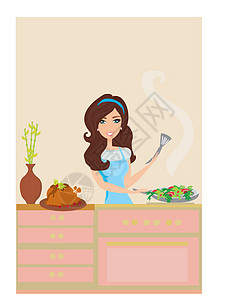 美丽的女人在厨房煎饭衣服沙漠快乐火鸡蓝绿色生活裙子主妇蛋糕勺子设计图片