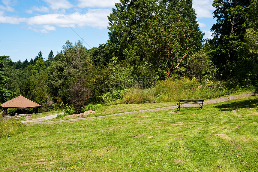 公园环境植物群座位风景花园凉亭季节长椅建筑学草地图片