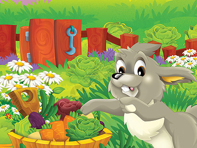 在农场蔬菜教育儿童插画动物篮子村庄横幅兔子外壳花朵农业卡通片食物图片