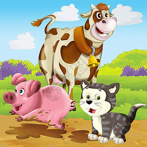 奶牛猫在农场教育儿童插画奶牛天空外壳植物群家庭插图动物群活动国家卡通片背景