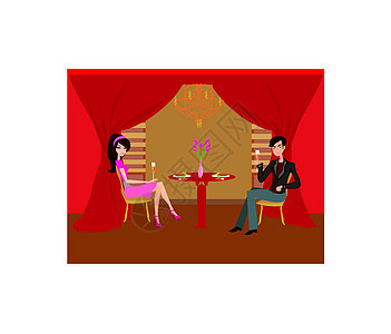 年轻夫妇调情和喝香槟窗户阴影庆典女士咖啡店插图反射桌子女性男人图片