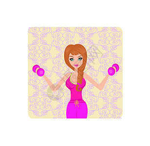 身体健康的女人 用两只哑铃的重量在她的手上锻炼健身房练习女孩运动装运动成人训练插图娱乐力量图片