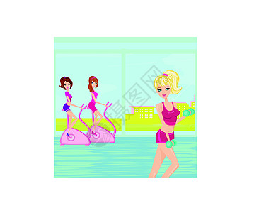 妇女在体操中锻炼训练女士插图肌肉重量练习健身房哑铃女性卡通片图片