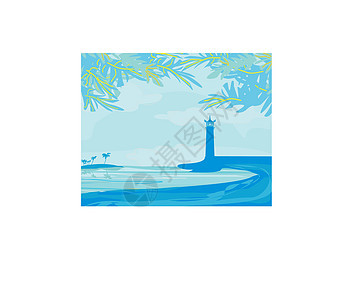 从一个小海滩上看见的灯塔岩石光束石头波浪假期导航海洋航行海岸蓝色图片