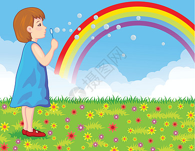 小女孩吹发肥皂泡泡女儿乐趣眼睛插图女孩女性幸福育儿气泡彩虹图片