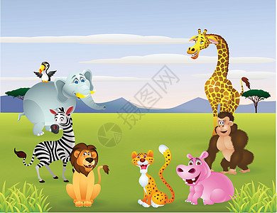 动物动物漫画吉祥物黑猩猩河马斑马团体旅行卡通片丛林哺乳动物插图图片