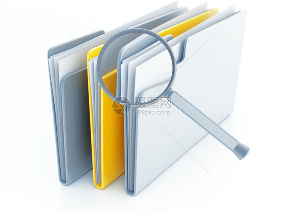 白色背景上带有放大镜下的纸张的文件夹Name备份书签商业信封数据折叠邮件收藏勘探办公室图片