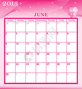2013年6月日历网格日程数字季节粉色星星规划师盒子插图卡通片图片