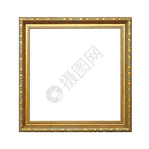 白色背景和剪切路径上的金框架照片博物馆展览艺术金子边缘乡村正方形边界盒子图片
