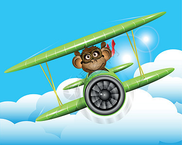 飞机上的猴子玩具引擎航班天空荒野展示漫画动物尾巴快乐图片