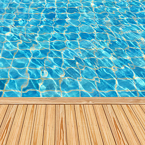 蓝泳池旁边的木林地板图片