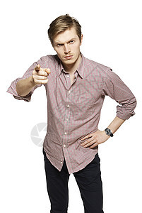 白人背景的年轻男子模特男性影棚挫折适应症衬衫时装吸引力成人食指图片