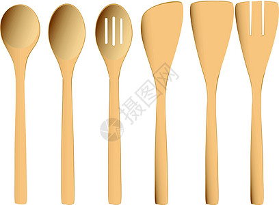 一套木制勺子食物炊具插图钢包服务刀具配饰木头收藏车工图片