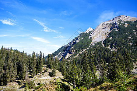 巴伐利亚山的阿尔卑斯山石头荒野天空树木旅行蓝色森林远足农村风景图片