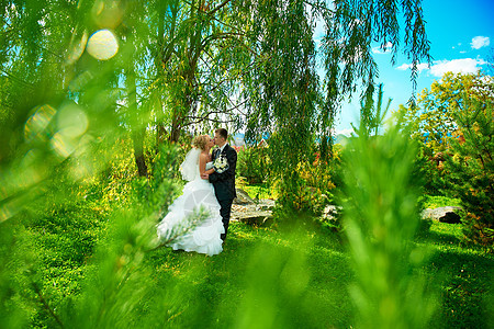 绿色公园背景的新娘和新郎裙子夫妻场地女士妻子拥抱男性男人庆典丈夫图片