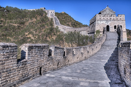 Mutianyu的长城石头游客日落场景小路王朝天空历史障碍壁垒图片