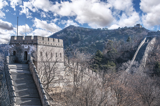 Mutianyu的长城小路日落天空石头障碍地标历史场景明信片游客图片