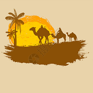 山骆驼和棕榈树 其背景是黑的图片