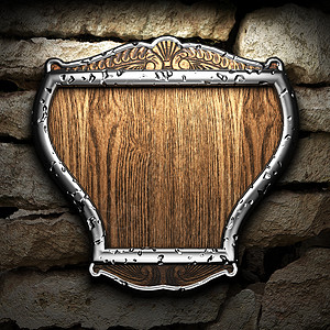 护盾在长墙上安全空白波峰盔甲边界铆钉纹章古董木头徽章图片