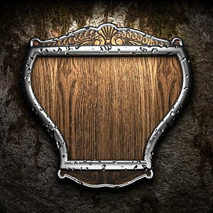 护盾在长墙上木头安全古董金属波峰盔甲徽章铆钉空白纹章图片