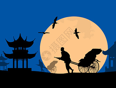 中国老北京的人力车插画