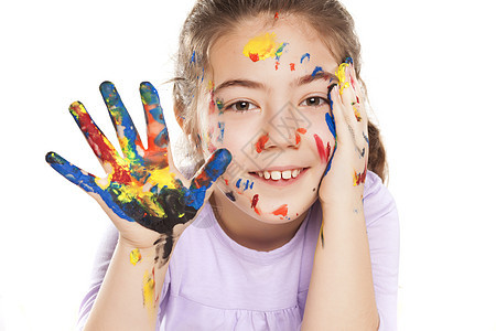 快乐的小女孩和颜色生长五指创造力教育蓝色儿童童年俏皮喜悦素描图片