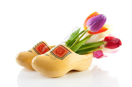 传统黄色木制鞋和色彩多彩的郁金香图片