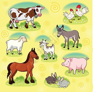 农场动物屁股雏菊母羊插图母鸡驴子家庭猪肉山羊公鸡背景图片