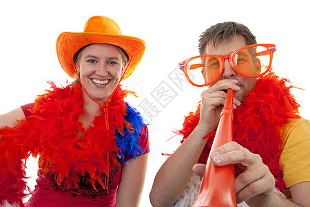 2名荷兰足球迷支持者眼镜欢呼锦标赛乐趣扇子游戏圆形运动配饰图片