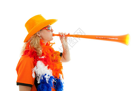 荷兰配有塑料伏杜兹拉的足球杯支持者响度蟒蛇女性运动帽子游戏女士扇子橙子背景图片