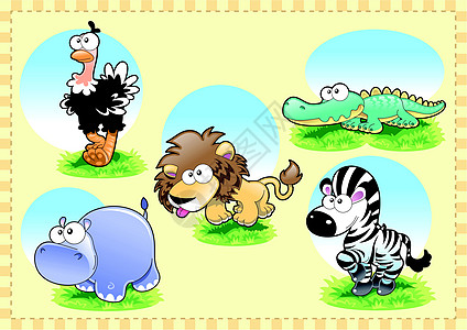 萨凡纳动物家庭鳄鱼漫画森林宠物娱乐插图投标河马微笑鸵鸟图片